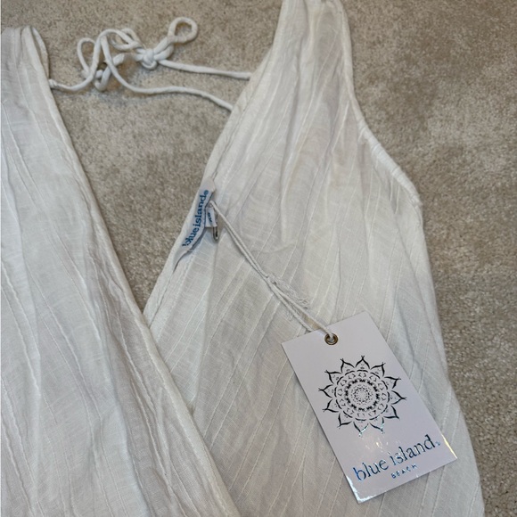NWT Blue Island White Linen Sheer V Neck Scrunch Waist Maxi Dress Size XS - Picture 6 of 10